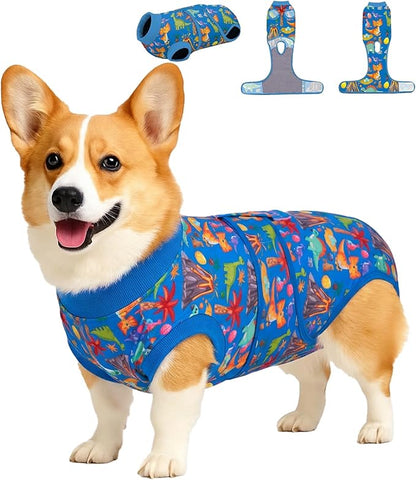 PetWarm Dog Recovery Substitute E-Collar Cone, Onesie for Dogs, Anti-Licking Dog Surgical Recovery Pajamas, Bodysuit for Abdominal Affected Areas Sensitive Skin Areas, Zoo Pattern, Blue, L