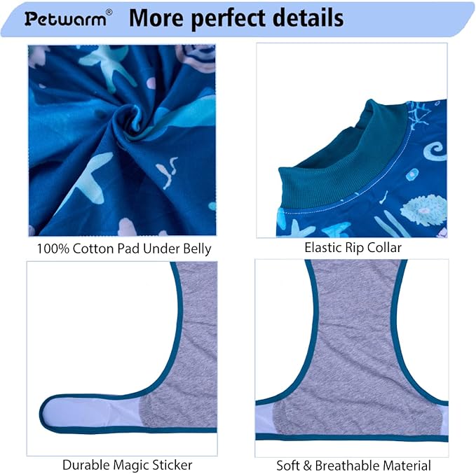 PetWarm Dog Suit for Surgery Recovery, Clothes for Dogs, Dog Onesie After Surgery, Lightweight Recovery Suit for Post-Op Comfort, Covers Sensitive Areas, Marine Animal Patterns, Blue, L