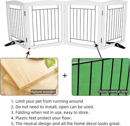 ZJSF Freestanding Dog Fence Indoor, Foldable Dog Gate for Doorways, Stairs or Hallways, Sturdy Wood Extra Wide Pet Gate with Support Feet for The House, White, 24 "Height-4 Panels