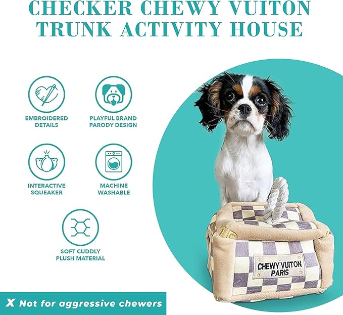 Haute Diggity Dog Chewy Vuiton Trunk Puzzle with 3 Plush Squeaky Dog Toys, Soft Durable Designer-Inspired Stuffed Puppy Chew Toys for Small & Medium Dogs, Machine-Washable (Tan Checker) One Size