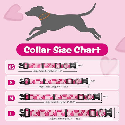 Kazazoo Dog Collar Cute and Soft Nylon Puppy Collar Girl, Adjustable Dog Collars for Small Medium Dogs, Hot Pink Heart-S