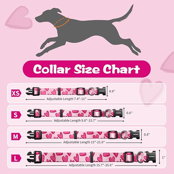 Kazazoo Dog Collar Cute and Soft Nylon Puppy Collar Girl, Adjustable Dog Collars for Medium Large Dogs, Hot Pink Heart-L