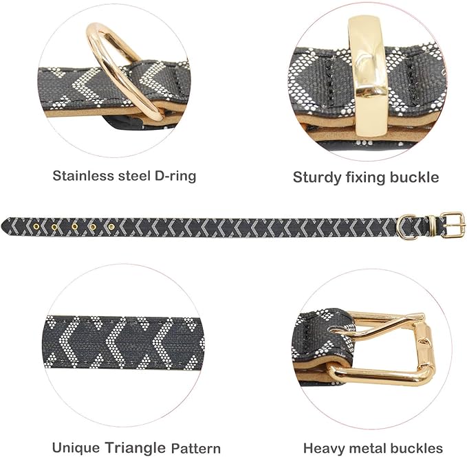 Leather Dog Collar and Leash Set, Check Pattern Dog Collar Leashes Metal Buckle Adjustable Durable for Small Medium Large Dogs (Black, XL(18-22IN))