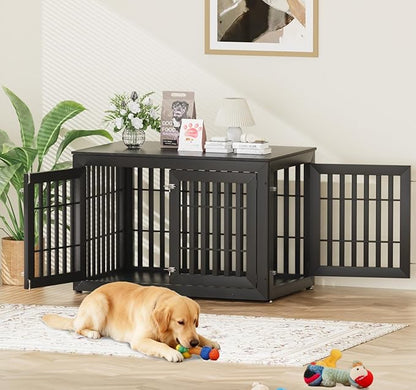 Snuowu 48" Heavy Duty Dog Crate Furniture for Small,Medium and Large Dogs,Rustic Wooden Dog Cage Kennel Indoor Furniture with Waterproof Top,Decorative Pet House Side End Table (Black)