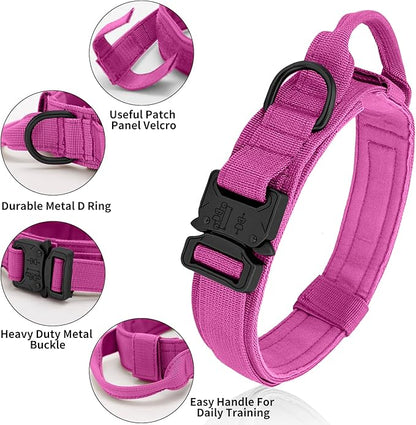 Tactical Dog Collar Heavy Duty Metal Buckle with Handle for Dog Training (Pink, M)