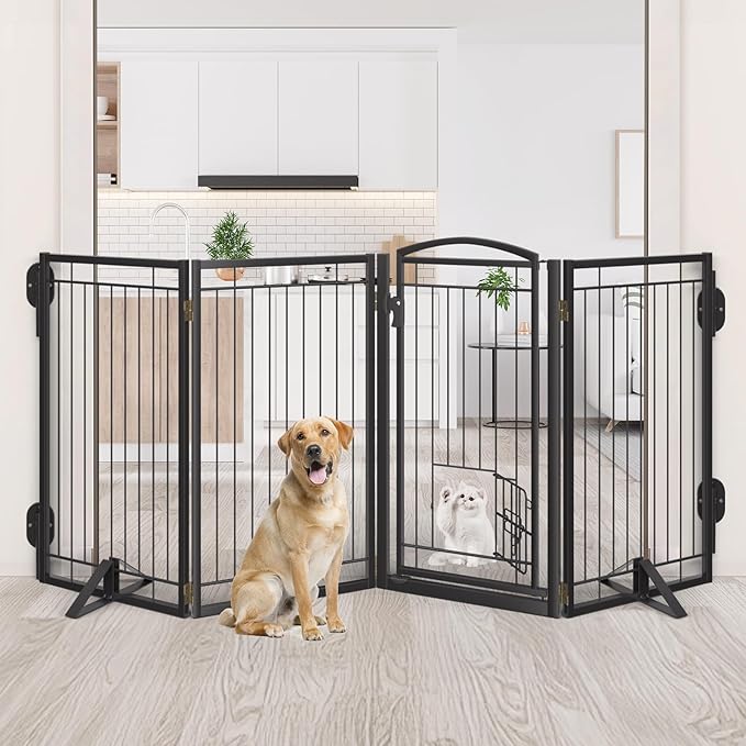 36" Tall Metal Freestanding Dog Gate with Cat Door for Indoor&Outdoor,80" Extra Wide Foldable Pet Gate,Foldable Indoor Dog Fence for Wide Openings Stairs,Deck,Yard,Doorways(4 Panels,Black)