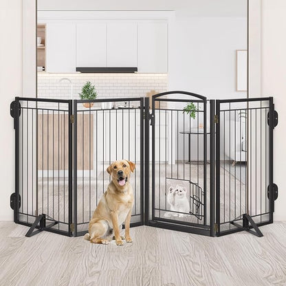 36" Tall Metal Freestanding Dog Gate with Cat Door for Indoor&Outdoor,80" Extra Wide Foldable Pet Gate,Foldable Indoor Dog Fence for Wide Openings Stairs,Deck,Yard,Doorways(4 Panels,Black)