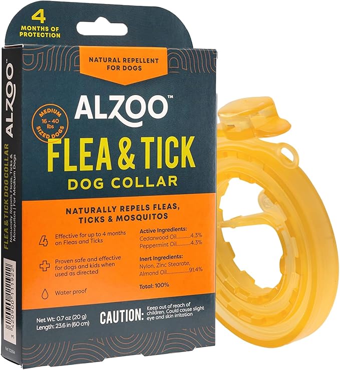 ALZOO Plant Based Flea & Tick Dog Collar - Helps Repel Fleas, Ticks & Mosquitoes - 100% Plant-Based Active Ingredients - Waterproof - Up to 4 Months Protection - Medium-Sized Dogs: 16-40 lbs - Single