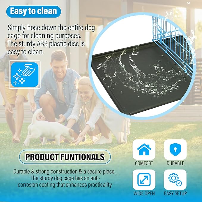 Dog Crate 36" Metal Wire Dog Cage Double Door Folding Dog Kennel with Divider Panel, Leak-Proof Plastic Pan, Foldable Travel Pet Crate for Small Medium Breed Dogs Animals,Blue