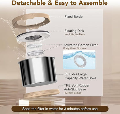 UPSKY Dog Water Bowl No Spill 8L Stainless Steel, 2.1 Gallon Large Capacity Spill-Proof Dog Bowls, Non-Slip Slow Drinking Anti-Splash Bowl for Large Messy Drinkers, No Mess Indoor/Outdoor Use, Beige