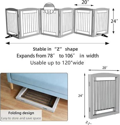 ZJSF Freestanding Dog Fence Indoor, Foldable Dog Gate for Doorways, Stairs or Hallways, Sturdy Wood Extra Wide Pet Gate with Support Feet for The House, Grey, 24 "Height-6 Panels