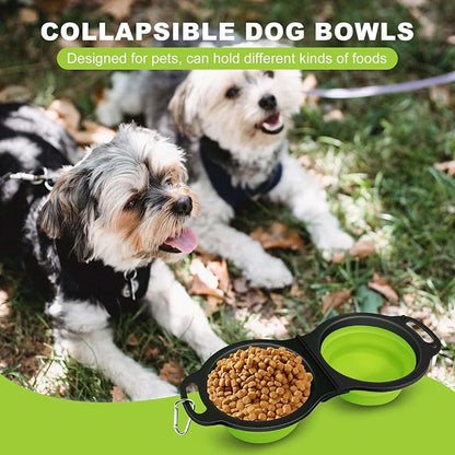 Collapsible Silicone Cat and Dog Travel Bowls,2 in 1 Foldable Pet Feeding and Watering Dish for Walking Camping Hiking with Carabiner (Green)
