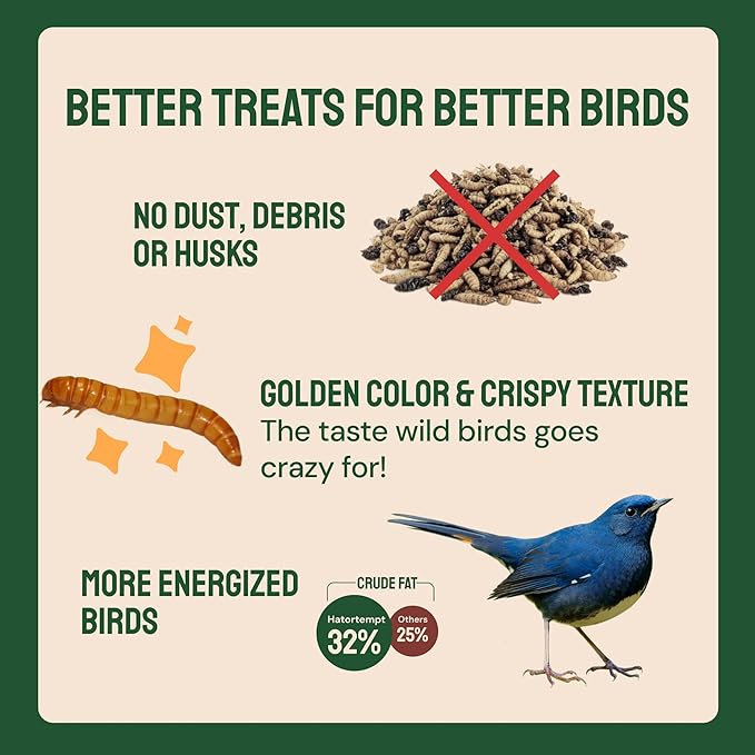 Hatortempt 1.8lb Dried Mealworms for Wild Birds - 50% Protein Meal Worms for Wild Birds - Attracts Bluebirds, Starlings, Wrens, Woodpeckers, Cardinals and Robins