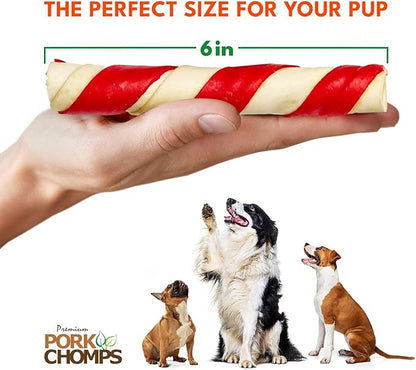 Pork Chomps Baked Pork Skin Dog Chews, 6 Inch Twists, 24 Count - Assorted Flavors - Long-Lasting Treats for Dogs - High Protein, Rawhide-Free, Low Fat, Healthy & Delicious Chews
