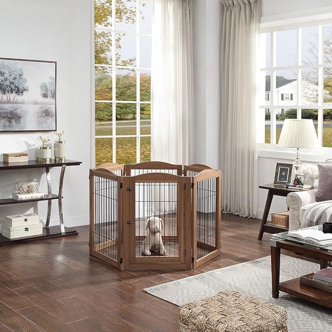 unipaws Pet Playpen with Wood and Wire, 6 Panels Extra Wide Freestanding Walk Through Dog Gate with 4 Support Feet, Foldable Stairs Barrier Pet Exercise Pen for Dogs Cats