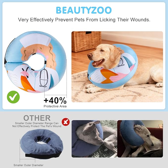 BEAUTYZOO Inflatable Dog Cone Collar Alternative After Surgery, Soft Donut Recovery E-Collar for Large & XL Dogs Girls Boys, Adjustable Pet Neck Cone to Stop Licking Wounds, Light Blue L