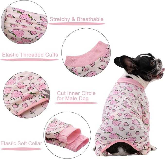 Dog Recovery Suit for Surgery Small Medium Dogs Onesie, Cute Soft Dog Pajamas Bodysuit Cone Alternative Prevent Licking Dog Recovery Suit Female Male (Small, Strawberry Pink)