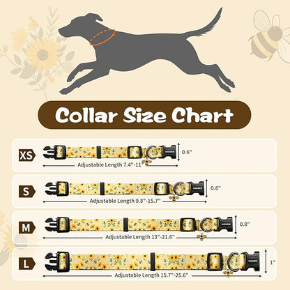 Kazazoo Dog Collar Cute and Soft Nylon Puppy Collar for Boy and Girl, Adjustable Dog Collars for Small Medium Dogs, Bees and Sunflowers-XS