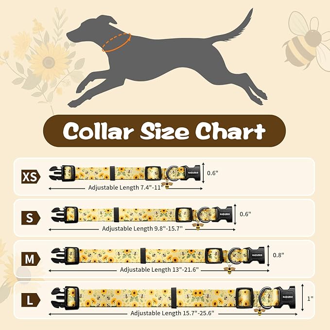 Kazazoo Dog Collar Cute and Soft Nylon Puppy Collar for Boy and Girl, Adjustable Dog Collars for Small Medium Dogs, Bees and Sunflowers-M