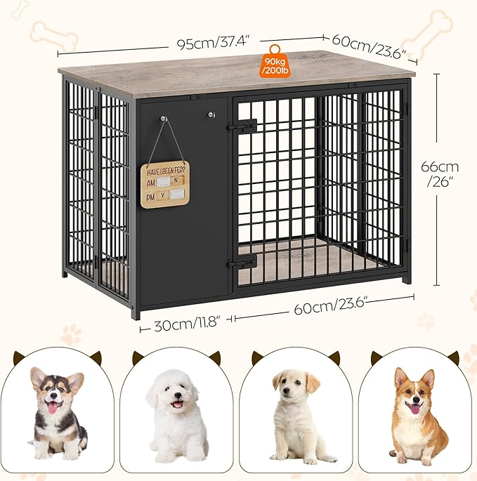 YATINEY Foldable Dog Crate Furniture, Dog Crate with DIY Frame, Heavy Duty Dog Kennel Indoor with Hooks, Wooden Dog Cage End Table, for Small/Medium Dogs, Greige DC95BG