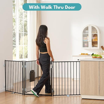 No Pawblems Free Standing Dog Gate with Cat Door, 30'' Tall Foldable Dog Fence for Indoor & Outdoor, Up to 104 Inch Extra Wide Puppy Gate for Stairs, Hallways, Doorways, Deck, Yard (Black, 4 Panels)