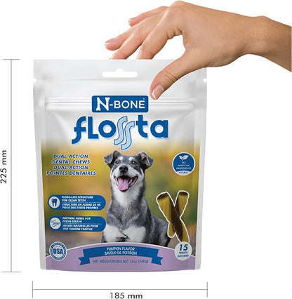 N-Bone Flossta Dual Action Dental Chews for Dogs, Unique Twist Shape for Deep Teeth Cleaning and Proactive Dental Care, Pumpkin Flavor, 15 Count 12-oz Bag