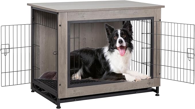 Shintenchi Wooden Dog Crate Furniture for Large Breed, L Double-Door Kennel Indoor with Removable Tray, End Table L Dog Crate for Decoration, 38.6" L, Grey
