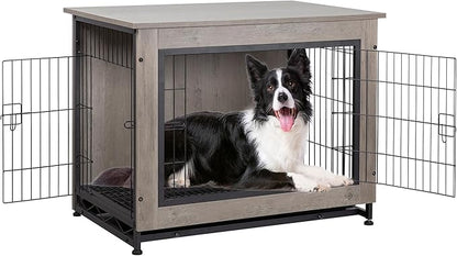 Shintenchi Wooden Dog Crate Furniture for Large Breed, L Double-Door Kennel Indoor with Removable Tray, End Table L Dog Crate for Decoration, 38.6" L, Grey