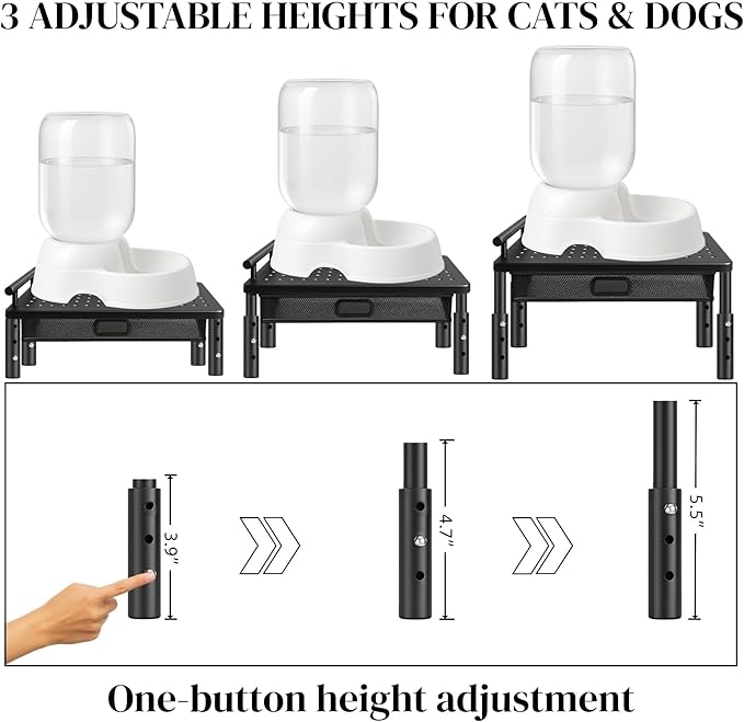 Dog Water Bowl Dispenser Stand with Storage Drawer & Metal Holder Compatible with Automatic Feeders & Water Dispensers - Adjustable Height, Raised Elevated Platform for Cats, Small & Medium Dogs