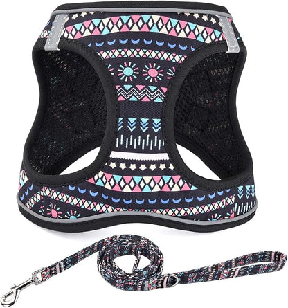 Mihqy Step in Dog Harness and Leash Set, Reflective Adjustable No Pull Dog Harness for Small Medium Dogs Puppy and Cats, Soft Padded Mesh Vest Harnesses for Girl and Boy Pets(Black Bohemia,L)