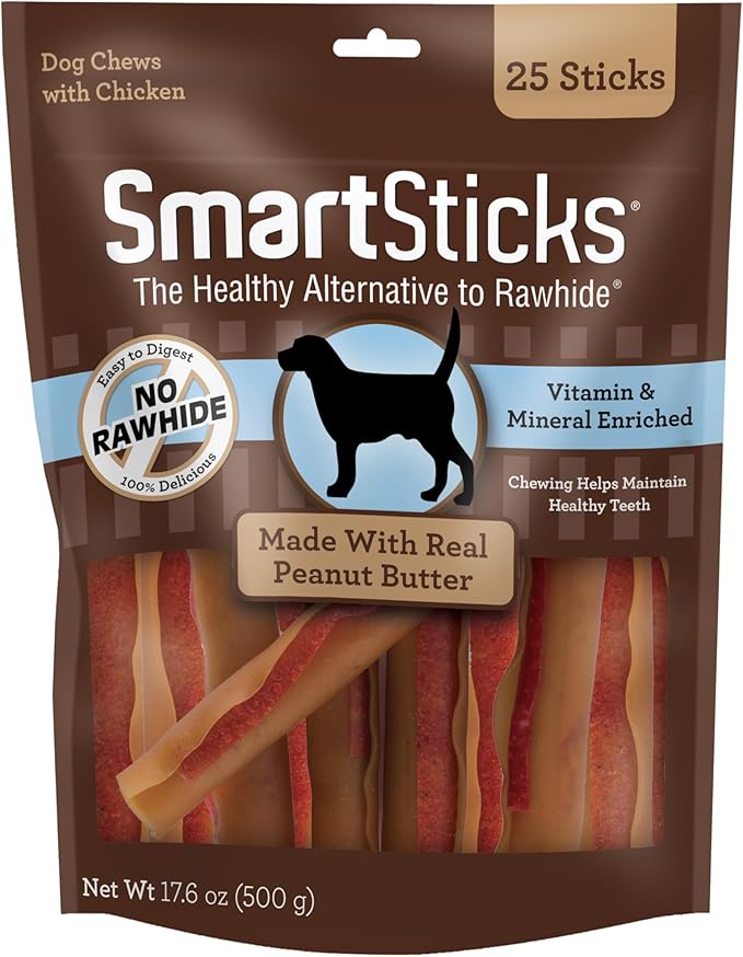 SmartBones SmartSticks with Real Peanut Butter, Rawhide-Free Chews, 25 Count