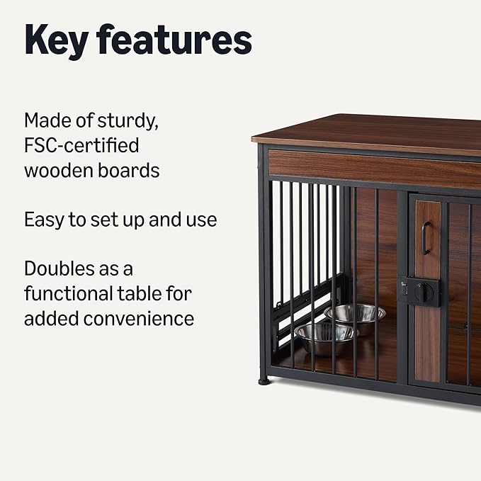 Amazon Basics Furniture Style Dog Crate, Two Bowls Included, 30" x 20.4" x 23.6", Walnut