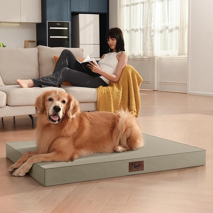Outdoor Dog Bed for Medium Dogs, Waterproof Dog Crate Mat Orthopedic Egg Crate Foam Pet Bed with Washable Removable Oxford Cover, Khaki