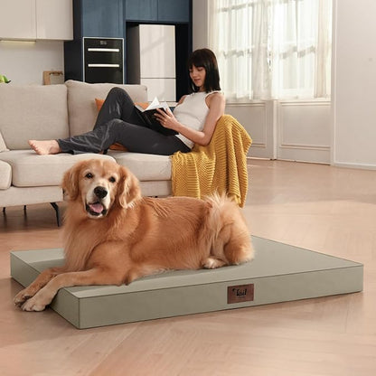 Large Outdoor All Weather Dog Bed, Waterproof Pet Bed for Large Dogs, Orthopedic Egg Crate Foam with Washable Removable Oxford Cooling Cover, 36x27 Inch, Khaki