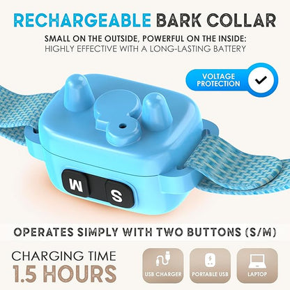 Tiny Bark Collar for Small Dogs 5-15 lbs and Puppies - No Shock Anti Barking Collar - Rechargeable Smart Collar for Dog Training with 7 Sensitivity Levels and 3 Beep&Vibration Modes (Pure Blue)