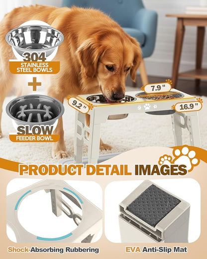 Jovrun Elevated Dog Bowls for Medium Size Dogs with Mat, Non-Slip Dog Feeder with 1*Stainless Steel Dishes & 1*Slow Feeder Bowl, 5 Heights Adjustable Raised Bowls for 3.15″-8.66″-9.84″-11.02″-12.2″