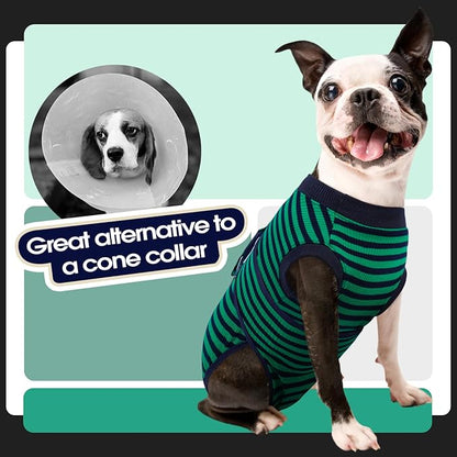 FUAMEY Recovery Suit for Dogs After Surgery,Soft Breathable Dog Bodysuit E-Collar & Cone Alternative Surgical Suit,Male Female Dog Neuter Spay Suits Anti Licking Wounds Onesie Green Black Stripes S