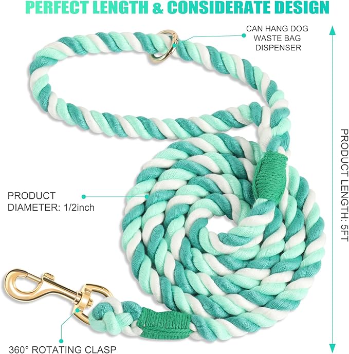 Dog Leash 5 FT Handmade Braided Cotton Rope Leashes for Small Medium and Large Dogs, New Golden Heavy Duty Metal Clasp, Moss Green