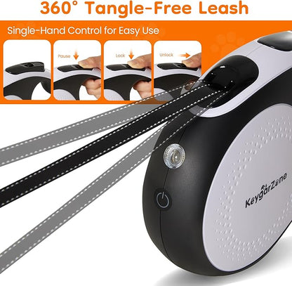 Retractable Dog Leash for Large Dogs with LED Light, 16.4ft Long Pet Leash up to 110lb Pull, 360° Tangle-Free One-Button Control for Small & Large Dogs & Cats, with Charging Cable, White