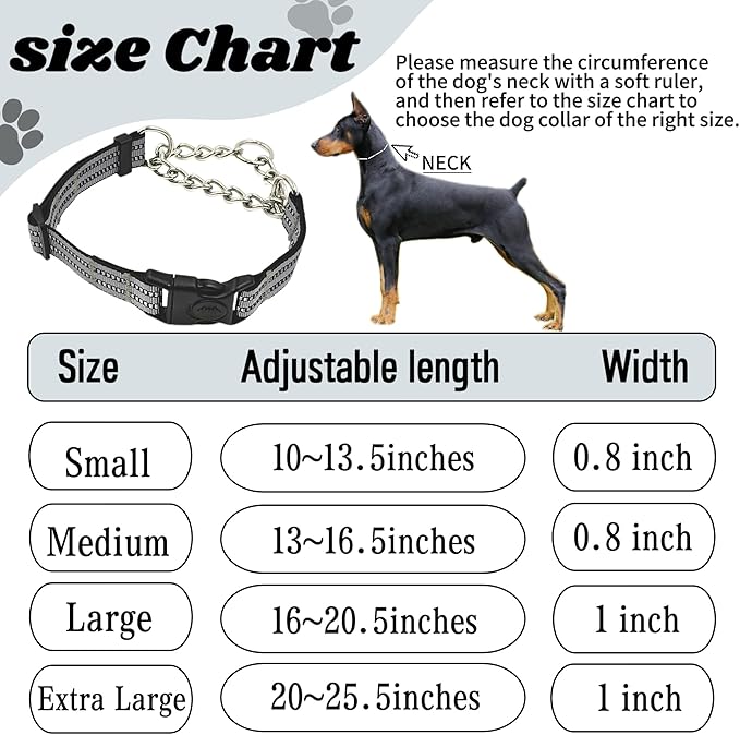 Martingale Dog Collars, Reflective Nylon Collar with Stainless Steel Chain, Adjustable Walking Training Dog Collars with Quick Release Buckle, Suitable for Small Medium Large Dogs(Gray,M)
