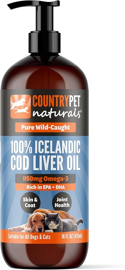 Wild-Caught Pure Icelandic Cod Liver Oil for Dogs & Cats,1150 mg Omega-3 per TSP, High EPA & DHA, Natural Vitamins A & D, Supports Healthy Skin & Coat & Mobility, Single-Ingredient, 100% Pure