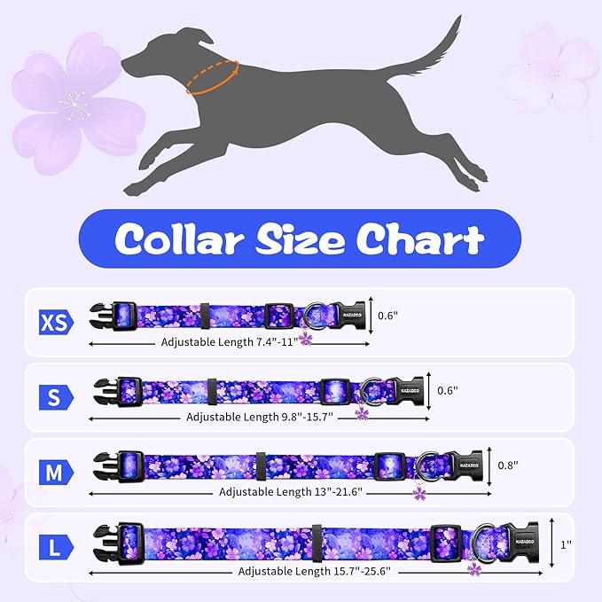 Kazazoo Dog Collar Cute and Soft Nylon Puppy Collar Girl, Adjustable Dog Collars for Medium Large Dogs, Purple Flowers-L