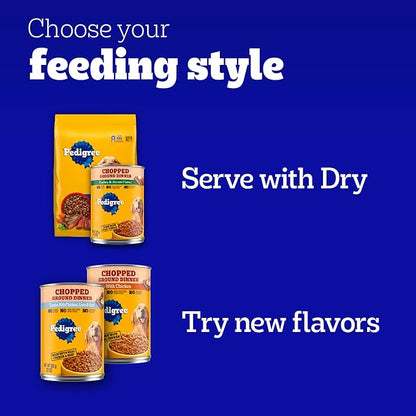 Pedigree Chopped Ground Dinner Adult Soft Wet Dog Food with T-Bone Steak Dinner, Canned Dog Food, 13.2 oz. Cans, 12 Count