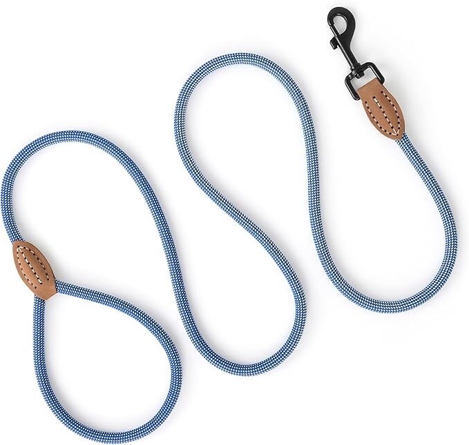 Mile High Life Small Dog Leash, Thin Rope Leash with Genuine Leather Connection and Heavy Duty Metal Clasp, Great for Small Medium Dogs(Blue White,48 Inch-1/3)