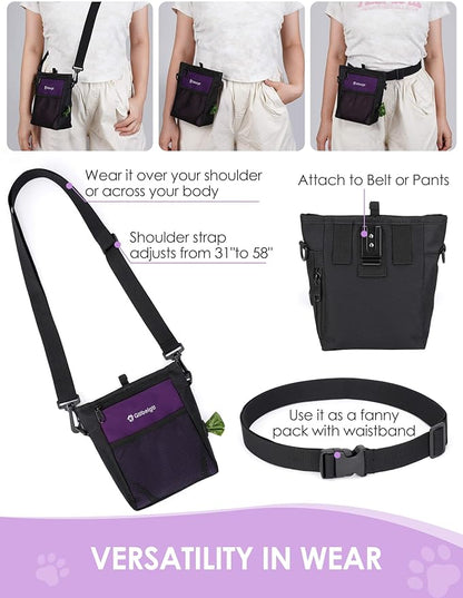 Gobeigo Dog Treat Pouch, Magnetic Closure & Sealable Silicone Bag Insert, 4-Cup Capacity – Belt Clip/Waist Belt/Crossbody Wear, Clicker Included – Great for Pet Training & Walking (Purple)