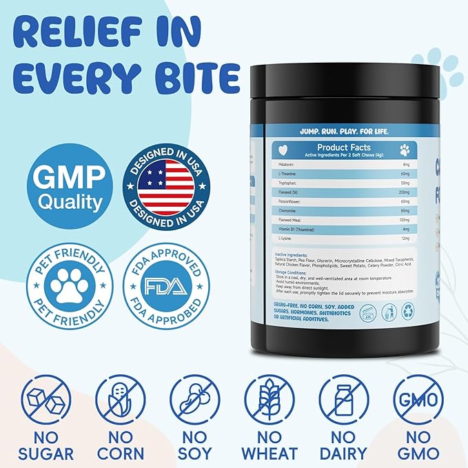 Advanced Calming Chews for Dogs with L-Theanine & Melatonin - 200 Count for Anxiety & Stress Relief | Enhanced with Tryptophan, Chamomile & Passionflower | Separation, Thunder, Fireworks Support