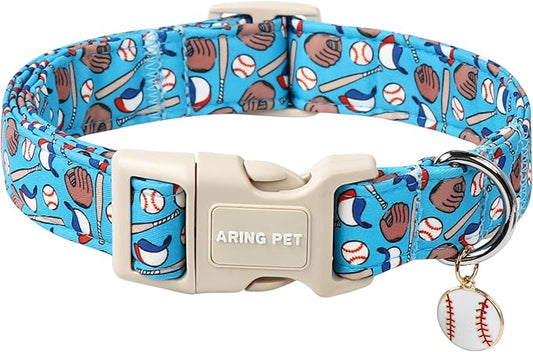 ARING PET Baseball Dog Collar, Cute Summer Blue Pet Collars with Quick Release Buckle for Puppy Small Medium Large Boy Girl Dogs-L