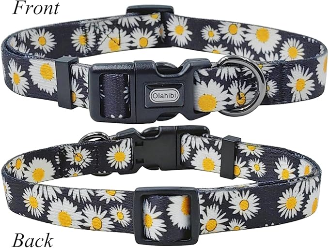 Dog Collar and Leash Set, Cute Daisy Pattern, Polyester Material, 5ft Leash, for Medium Dogs.(Medium,Black Daisy)