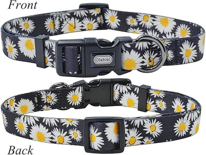 Dog Collar and Leash Set, Cute Daisy Pattern, Polyester Material, 5ft Leash, for Large Dogs.(Large,Black Daisy)