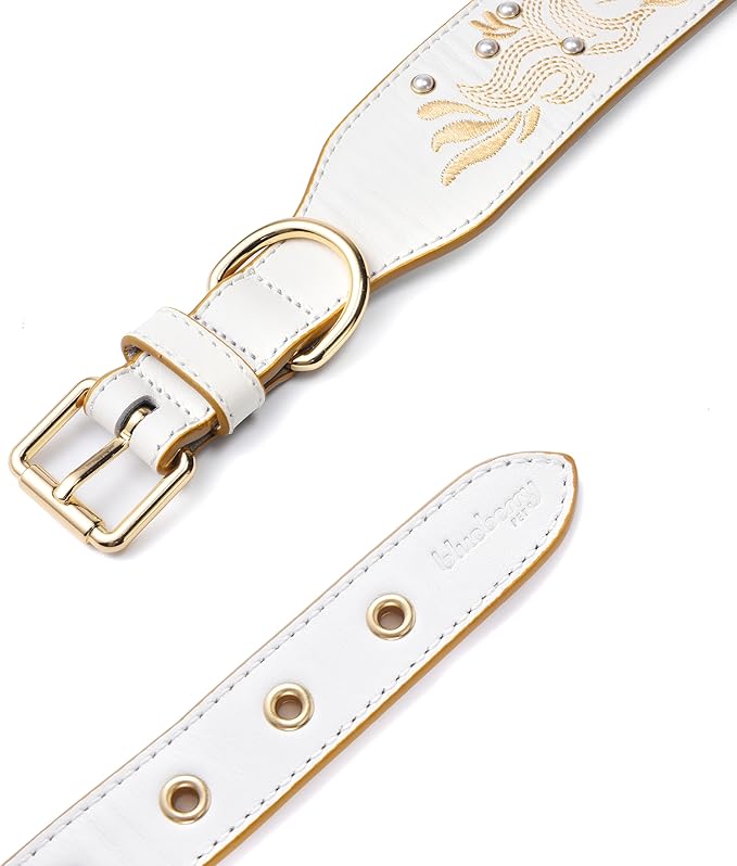 Blueberry Pet Western Genuine Leather Dog Collar for Medium Breeds, Pearl White - Floral Embroidery, Pearl Studs, Adjustable 15-18 Inch Neck, Dog Collars for Medium Dogs